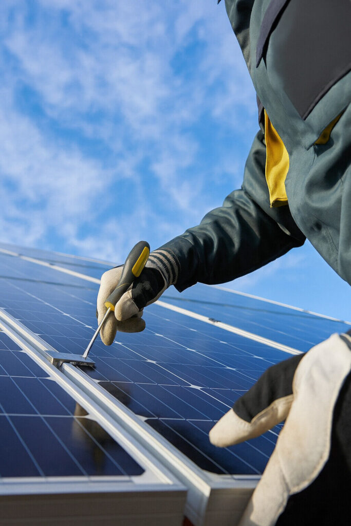 SEN Solar team member testing a faulty inverter during solar repair.